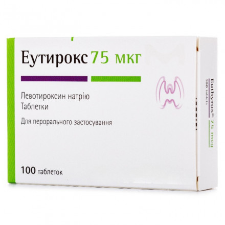 Еутирокс пігулки від захворювань щитовидної залози по 75 мкг, 100 шт.