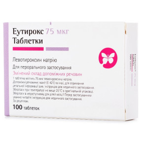 Эутирокс таблетки при заболеваниях щитовидной железы по 75 мкг, 100 шт.