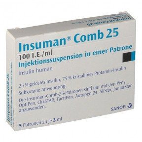 Інсуман Комб 25 суспензія по 100 МО/мл картридж для ОптиПен Про1 по 3 мл, 5 шт.
