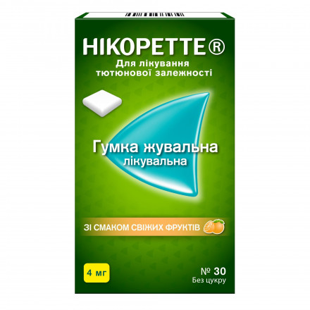 Никоретте со вкусом свежих фруктов резинка жевательная для лечения табачной зависимости, по 4 мг 30 шт.