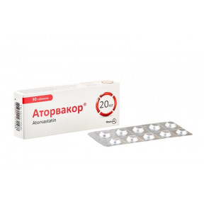 Аторвакор таблетки для зниження холестерину по 20 мг, 30 шт.