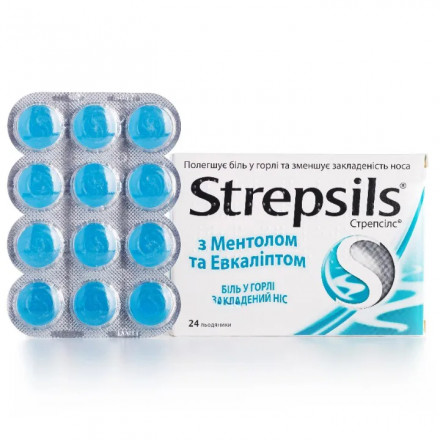 Стрепсилс с ментолом и эвкалиптом, леденцы для горла, 24 шт.