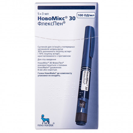 НовоМікс 30 ФлексПен суспензія для ін'єкцій по 3 мл у картриджі, 100 МО/мл, 5 шт.