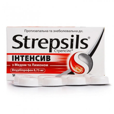 Стрепсилс Інтенсив з медом та лимоном льодяники для горла, 16 шт.