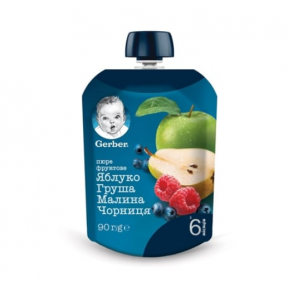 Фруктовое пюре Gerber Яблоко, груша, малина, черника, 90 г